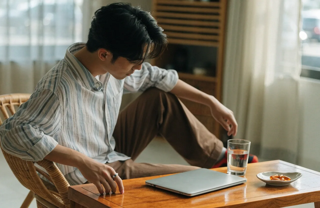 Hands at a keyboard by a bright window, with a small glass bowl of capsules on the desk