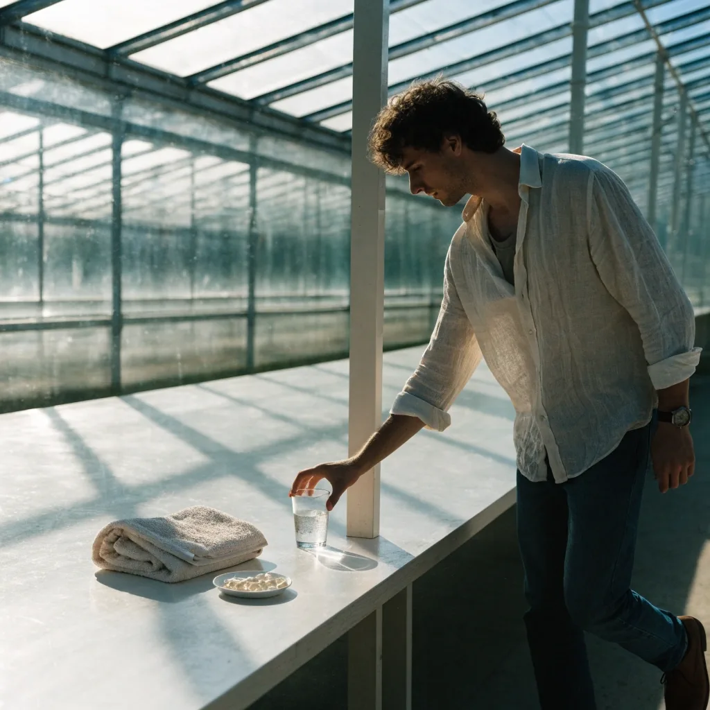 A bright glasshouse corridor at noon with a pale bench, towel and water glass