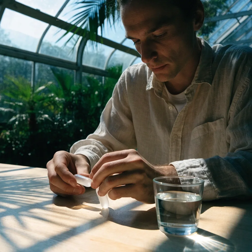 Two translucent herbal capsules held above a pale tabletop under hard palm-frond noon light in a glasshouse