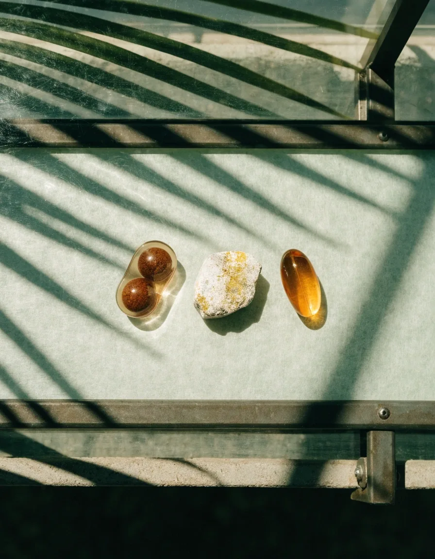 Capsule, tablet and softgel arranged on pale paper under hard noon leaf shadows