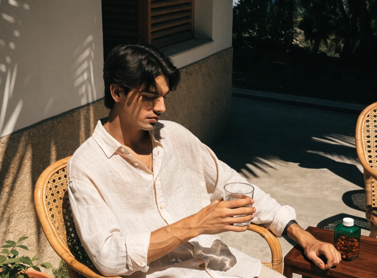 Single translucent capsule on matte paper crossed by a sharp palm-frond shadow in noon light