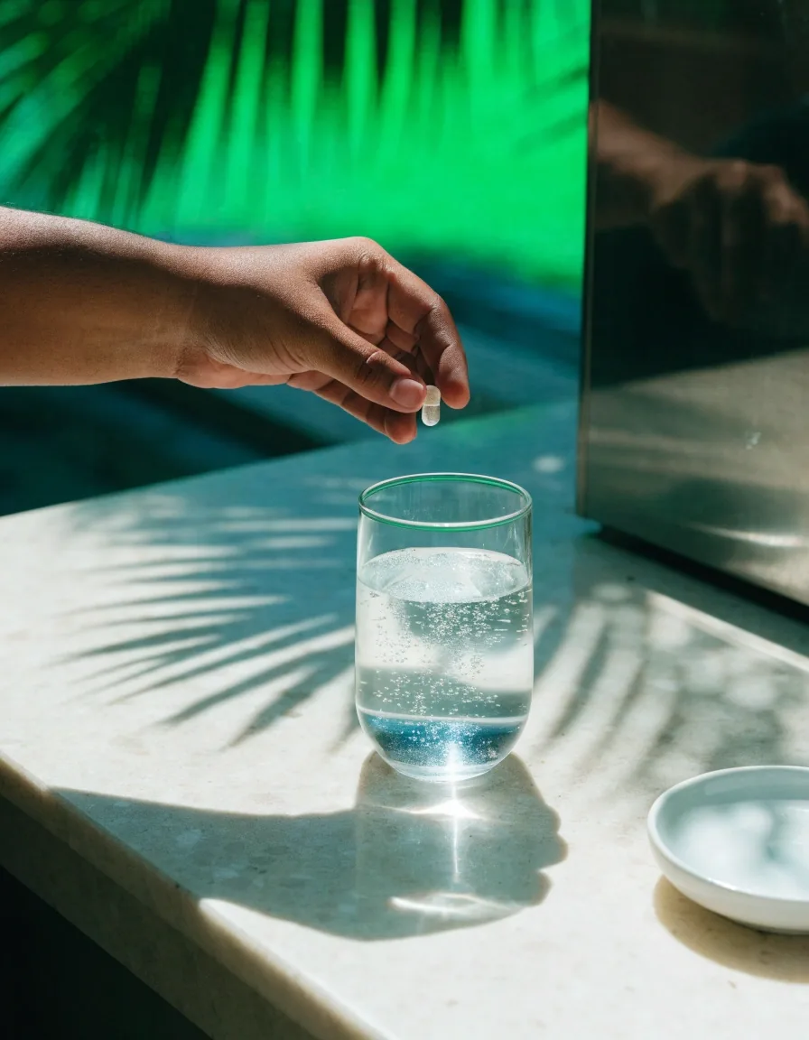 Single translucent capsule on matte paper crossed by a sharp palm-frond shadow in noon light