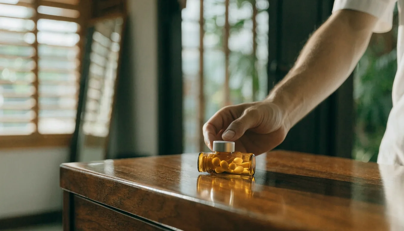 A broad men's multivitamin capsule resting on a pale wooden tabletop in noon light
