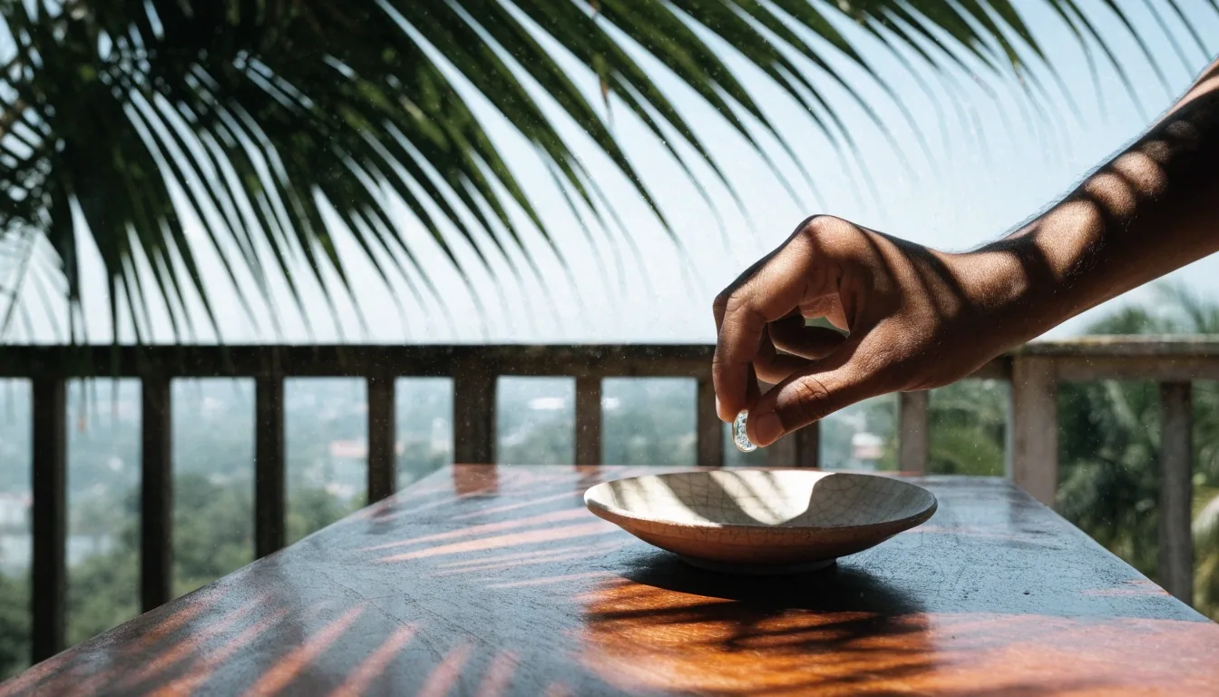 A hand lifting a translucent capsule from a pale tabletop in hard noon light under palm fronds