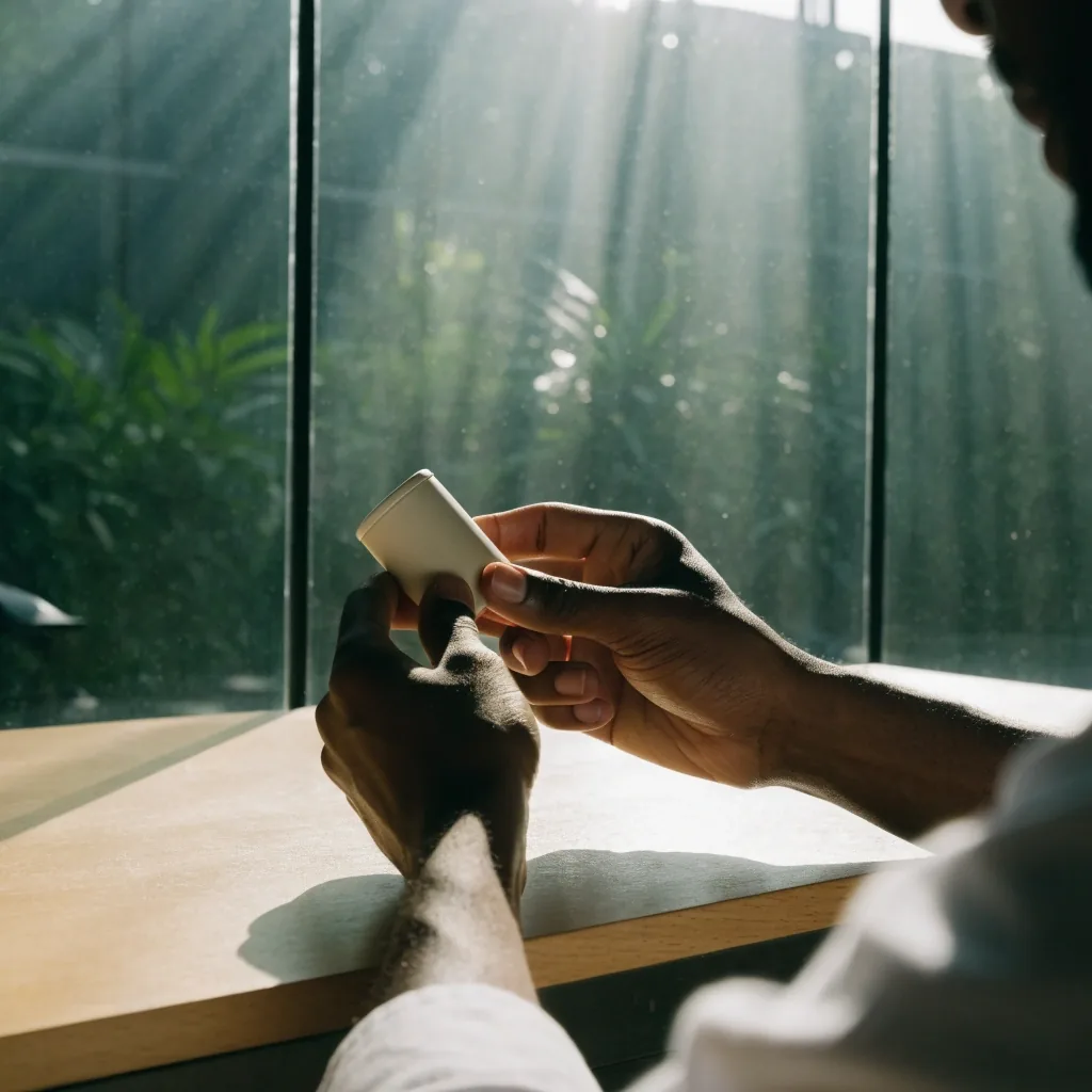 Hands turning a plain supplement container in backlit noon light at a glasshouse window