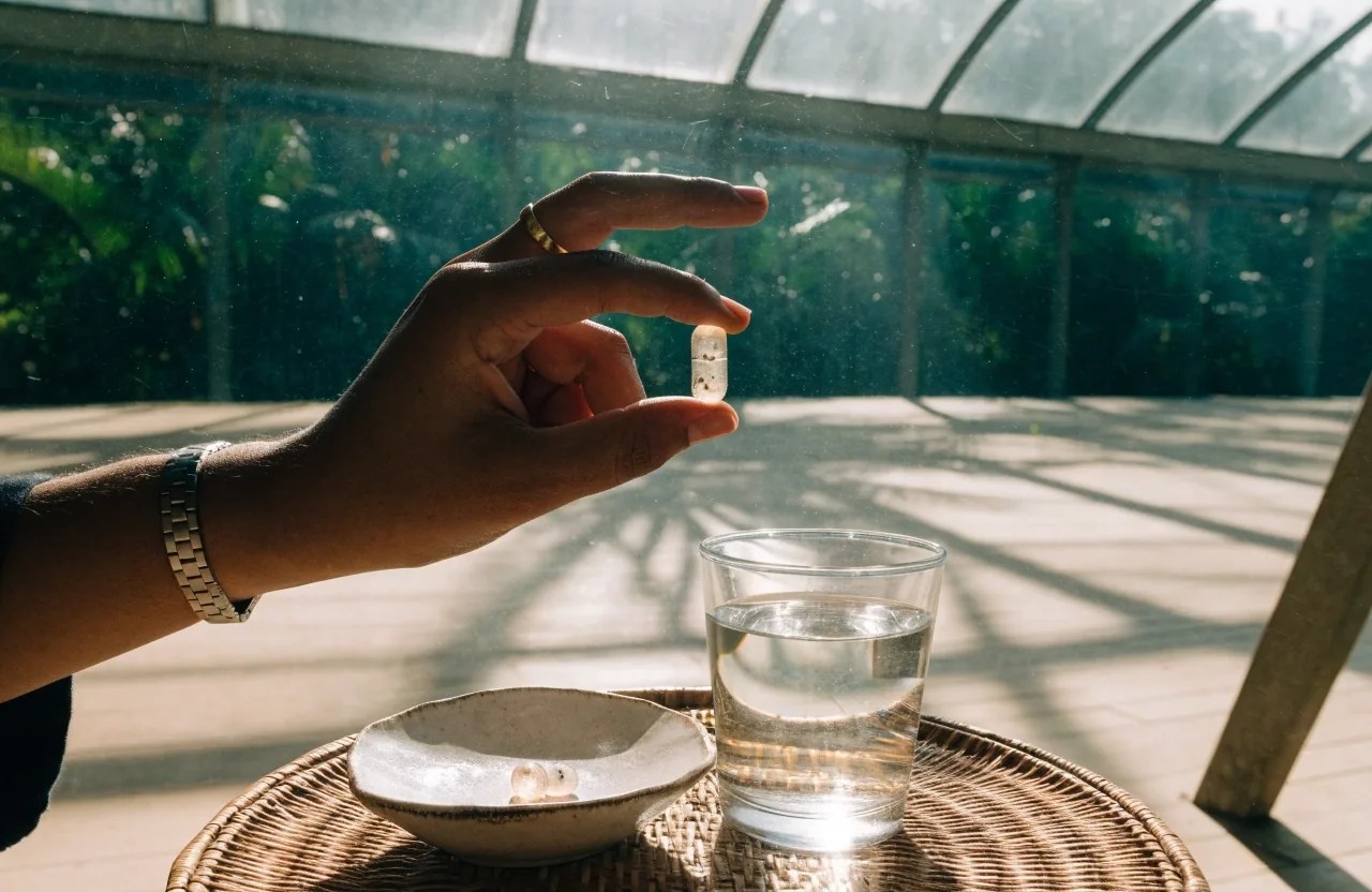 Sunlit glasshouse table under palm fronds with a dish of natural capsules and a folded cloth