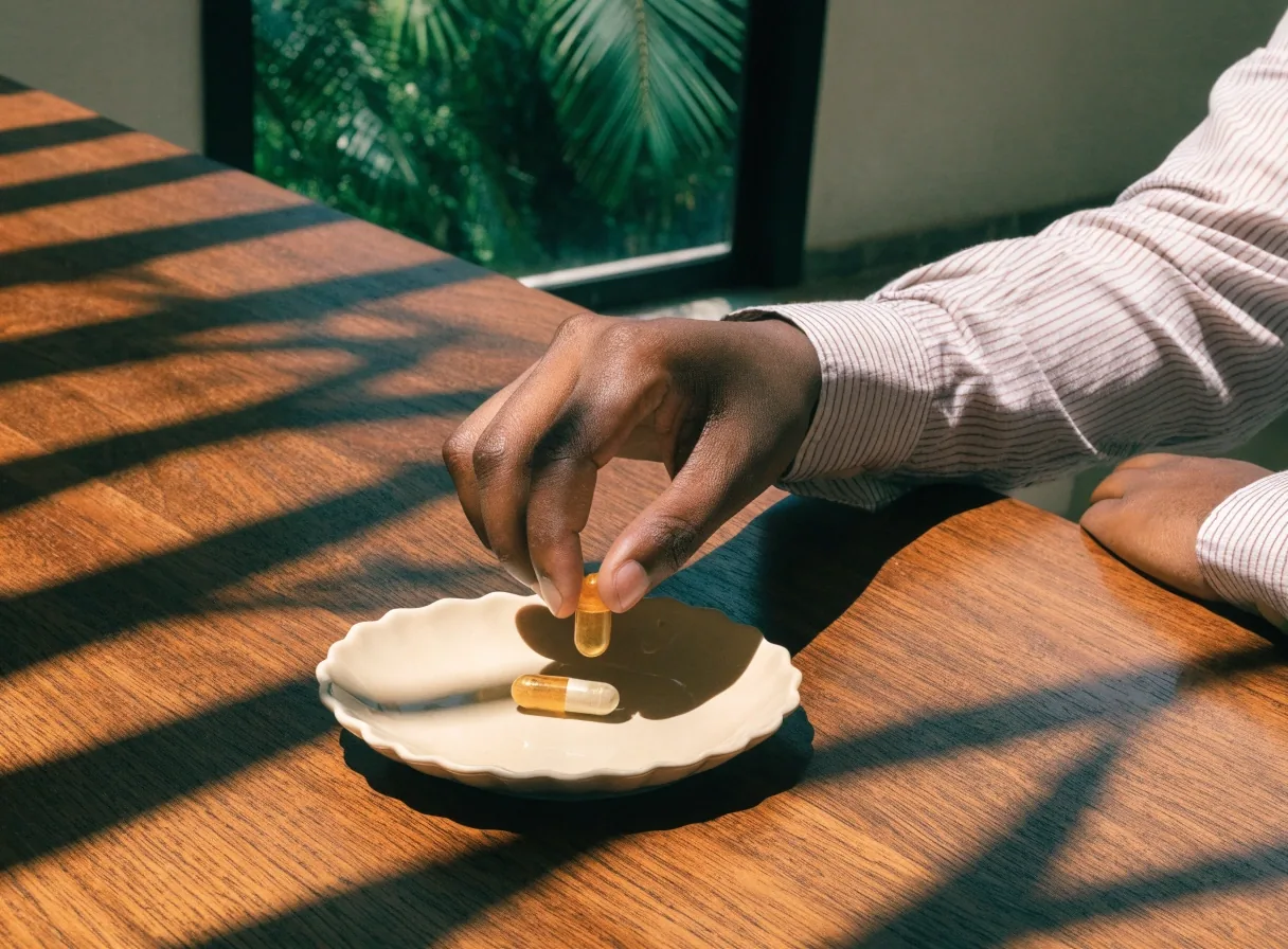 A hand lifting two capsules from a pale dish on a tabletop crossed by palm shadows